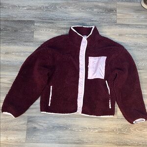Fabletics Burgandy Sherpa Jacket with Pink Accents